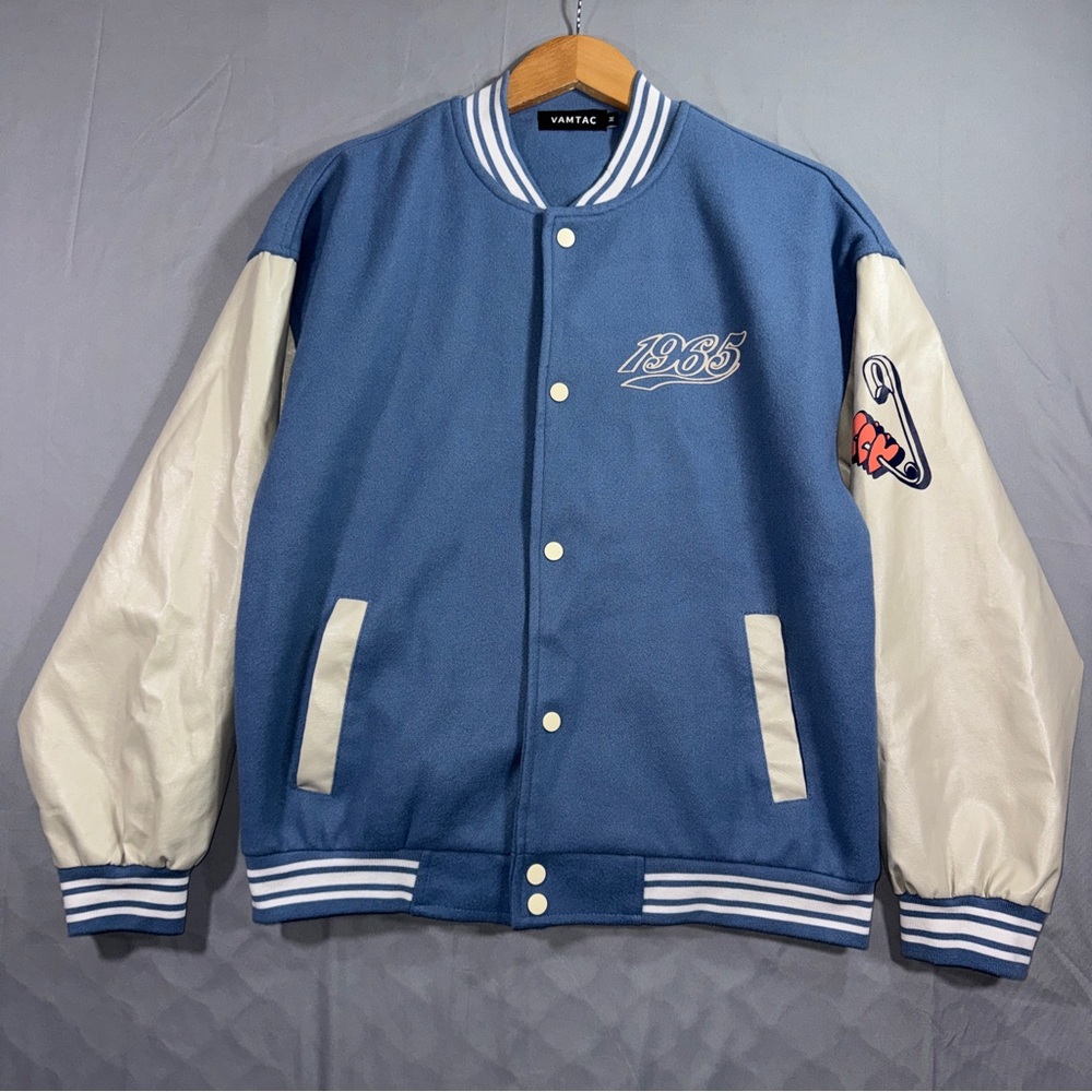 VAMTAC Varsity Jacket Mens Medium Blue White Heart Graphic 1965 Snap Button